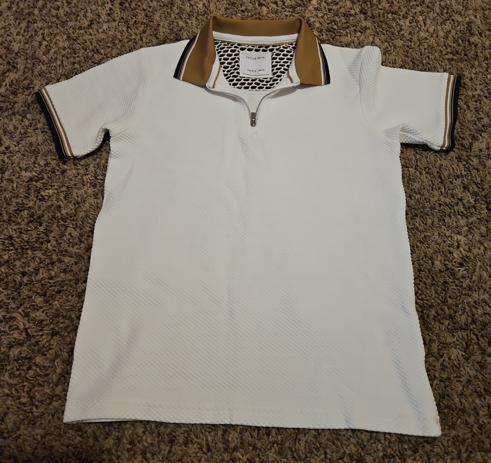 White Polo with Tan Contrast Zip Collar by Unknown Brand